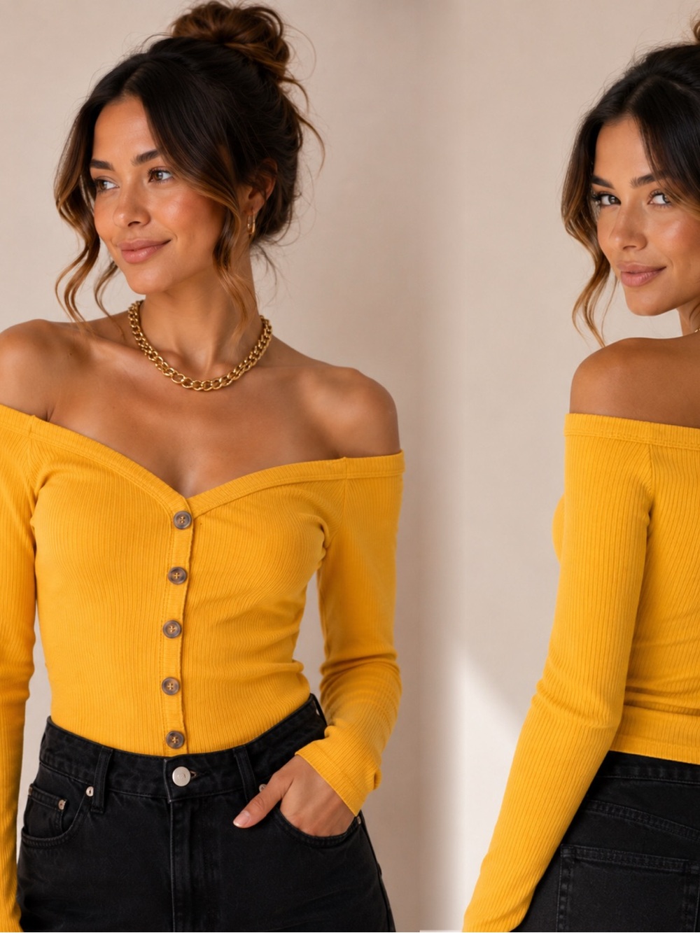 Haute Monde Mustard Off-the-Shoulder Ribbed Button Crop Top